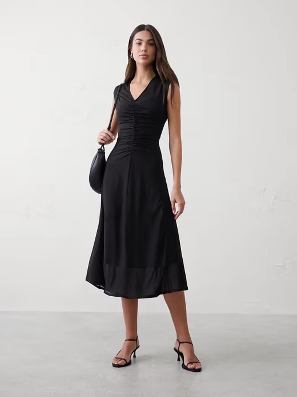 NWT! BANANA REPUBLIC BLACK MESH SHIRRED-WAIST LONG MIDI DRESS
